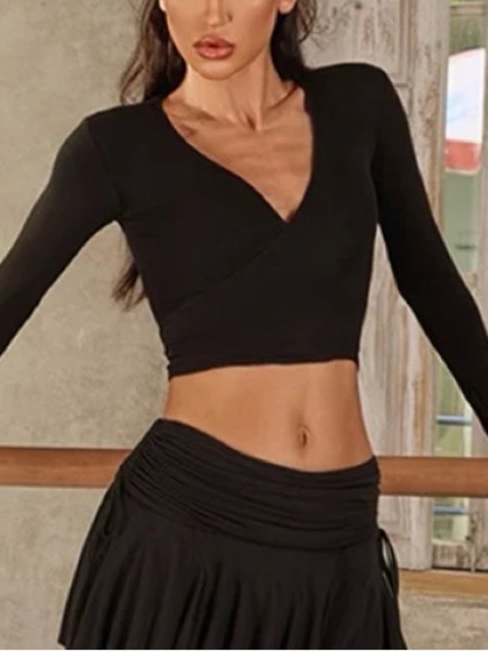 Women's Black V Neck Wrap Around Tie Top